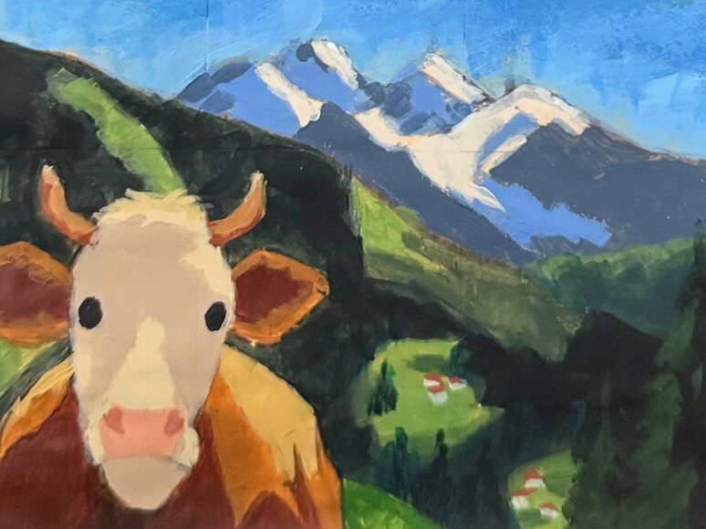 Painting of a cow looking at the viewer, mountains behind